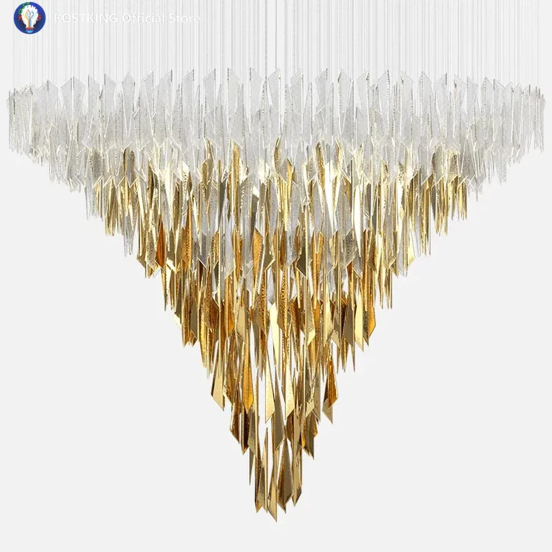 Modern Triangle Shape Chandeliers Golden White Clear Glass Hanging Pendant Light Luxury Large Chandeliers for Project Hall Lobby