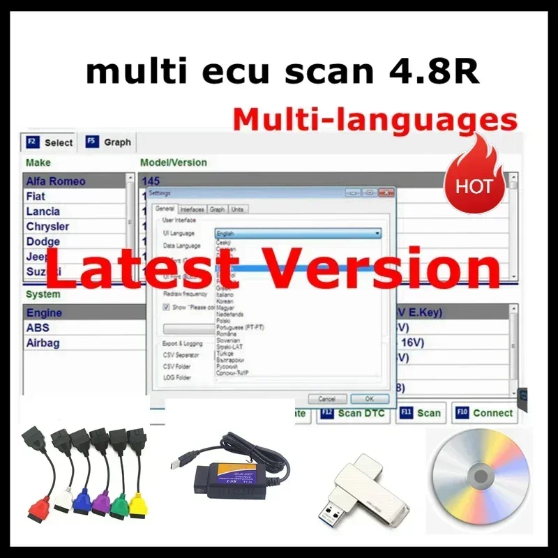 2024 Hot Sale Multiecuscan V4.8 For Fiat/Chrysler/Dodge/Jeep/Suzuki Scanner Software 4.8+ELM327+Flat adapter Registered Unlimite