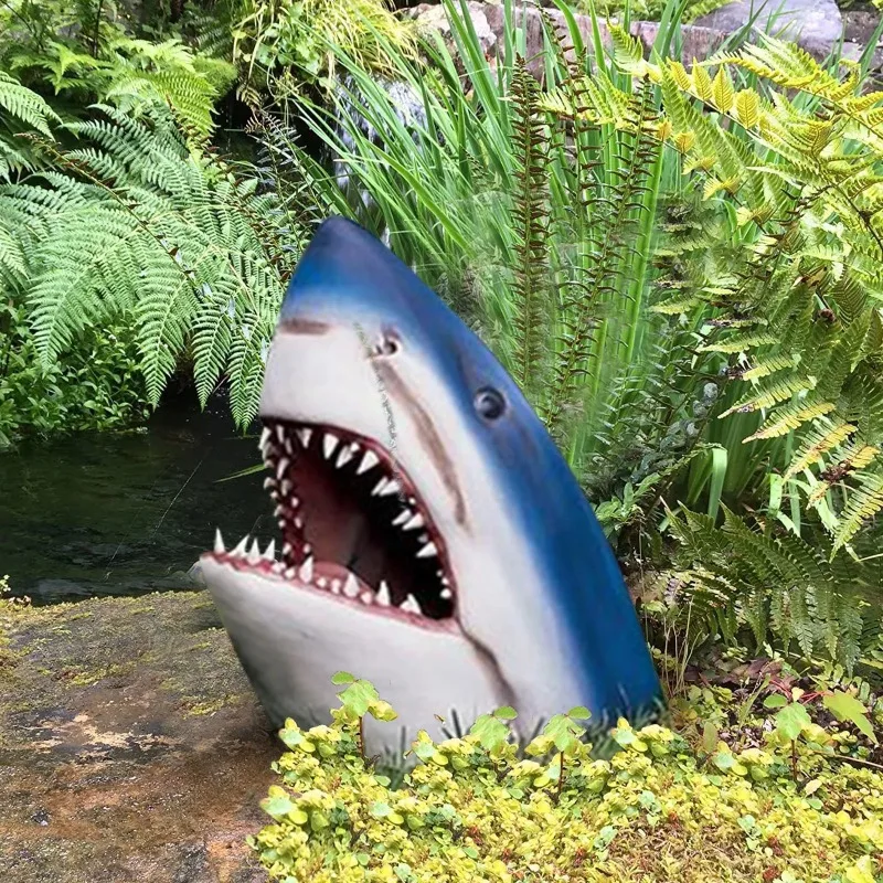 Crocodile Sculpture, White Shark Garden Art Sculpture, Lifelike White Shark Head Resin Wall Mounted Home Garden Decoration