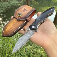 Damascus Steel Outdoor Camping Folding Knife Sandalwood Handle Cowhide Cover High end Bearing Smooth Opening and Closing
