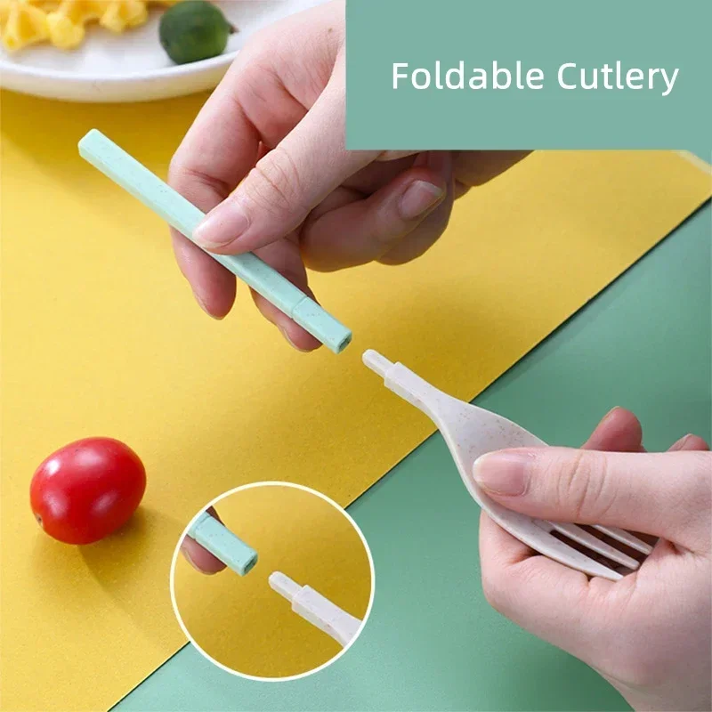 4PCS/Set Wheat Straw Cutlery Foldable Spoon Fork Chopsticks Tableware Students Dinnerware Kitchen Use Travel Portable With Box