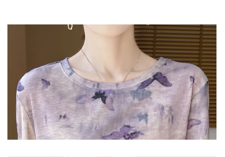 2025 New Summer Thin Silk Knitted Short-sleeved T-shirt Women's Sleeveless Wool Loose Printed T-shirt