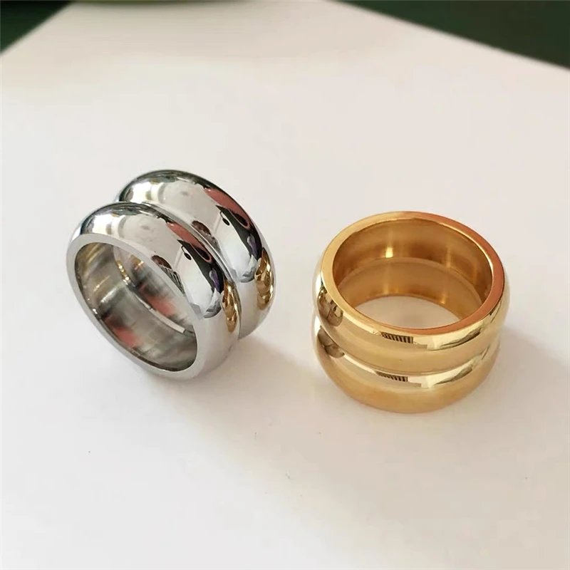 HUANZHI European And American INS Thick Titanium Steel Chunky Rings for Women Wide Edge Double Layer Simple Jewelry Waterproof