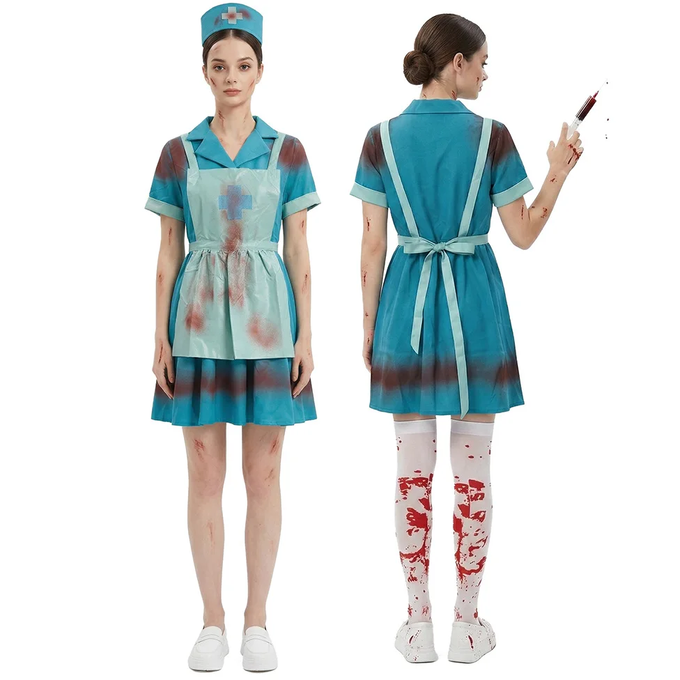 Bloody Tattered Zombie Nurse Costume for Women Horror Halloween Fancy Dress with Hat and Apron Scary Party Cosplay Outfit view 2