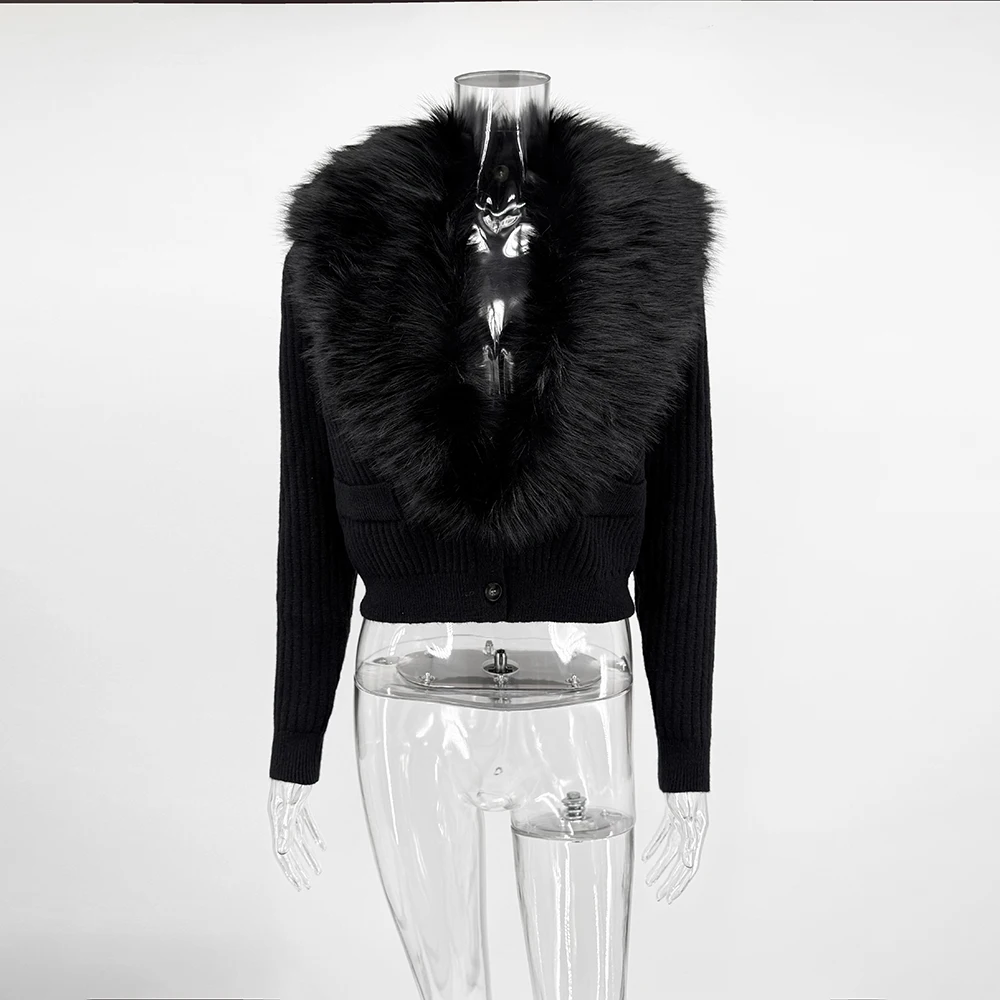 Talenza Women's Black Fleece Cardigan Fashion Elegant Long-Sleeved Patchwork Slim Sweaters Vintage Streetwear Female Outerwear