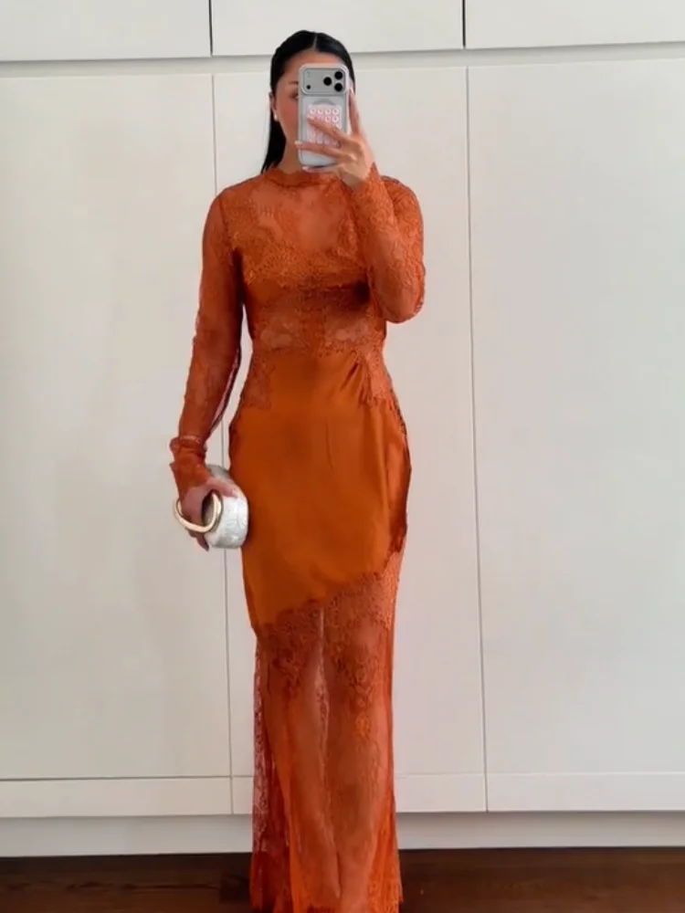 Damen Slim Fit Spitzen-Satin-Meerjungfrauenkleid mit hohem Kragen, langen Ärmeln, Rückenausschnitt, Maxikleid, formelles Kleid für Hochzeitsgäste und Partys. – Detail 7