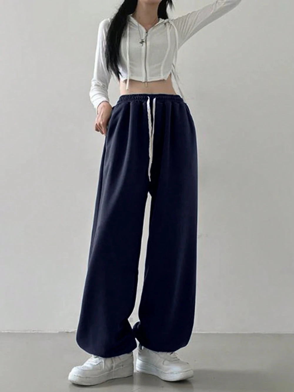 Pantaloni da jogging casual con tasca frontale con coulisse in tinta unita da donna, pantaloni larghi da donna con gamba dritta sportiva da jogging da donna