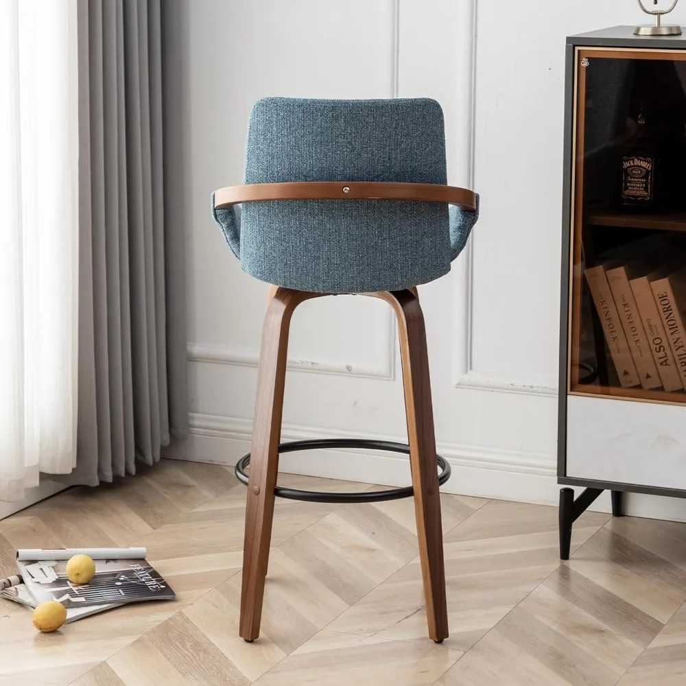 25.6" Counter Height Barstools Set of 3 Mid Century Modern Retro Bar Chairs Charcoal Blue Linen Look Fabric Upholstered