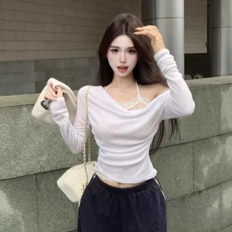 Women Off Shoulder Fake Two Piece Long Sleeve Top Lace Halter Fleece Lined Slim Tee Shirt