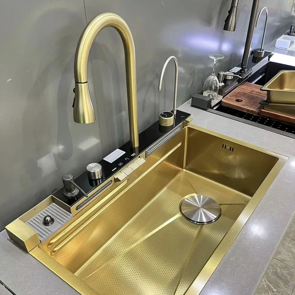 

Gold SUS smart kitchen sink nano stainless steel hand made kitchen sink waterfall kitchen sink with digital display