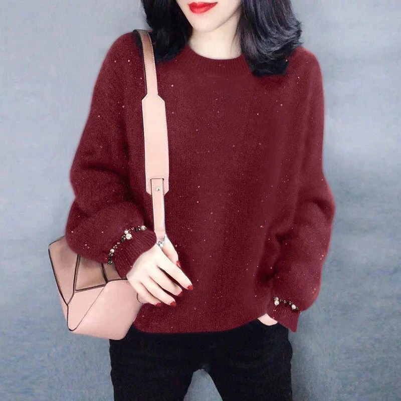 Autumn Winter Half High Collar Beading Sequins Loose Casual Sweater Ladies All-match Knitting Pullover Top Women Trend Jumper