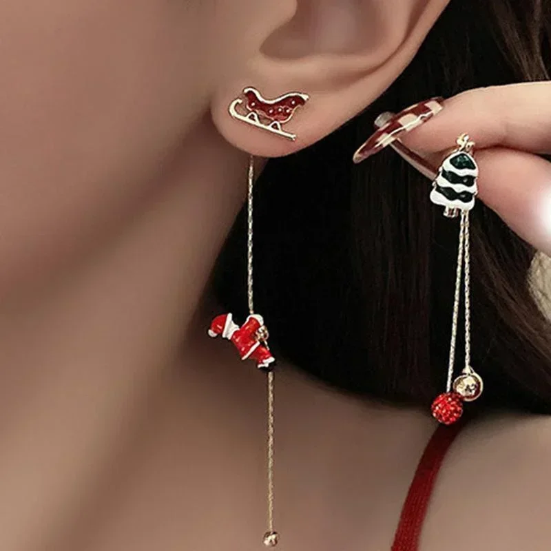 Santa Claus Asymmetric Long Earrings Christmas Tree Sleigh Feminine Tassel Female Accessories for Women