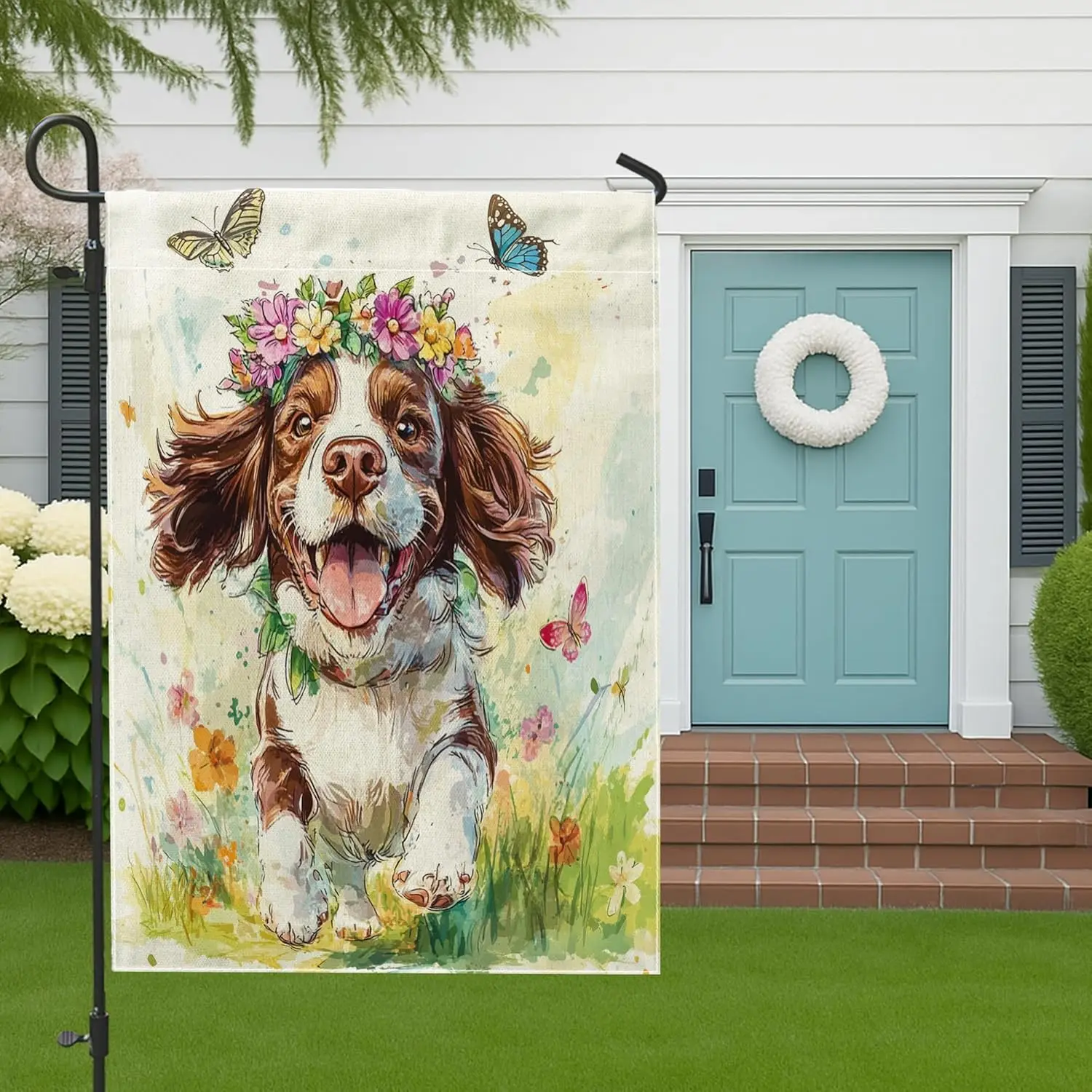 Spring Springer Spaniel Dog Garden Flags 12”x18” Double Sided for Outside, Cute Butterflies Front Yard Small Canvas House Fl ZZM