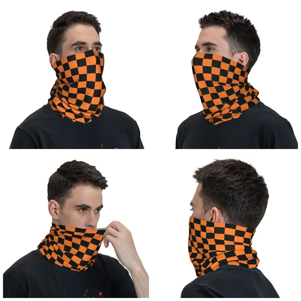 Bandana a cuadros para hombre y mujer, pasamontañas con estampado de cuadros en naranja y negro, Bandana para el cuello, bufanda envolvente, diadema multiusos para adultos