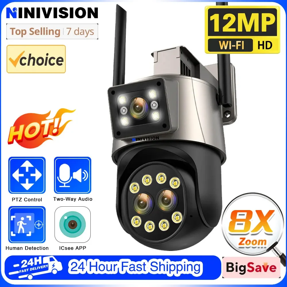 

IP Camera 6K 12MP HD WiFi Outdoor Camera 8x Zoom Three Lens Dual Screen Home Security PTZ Camera 6MP Video Surveillance iCSee