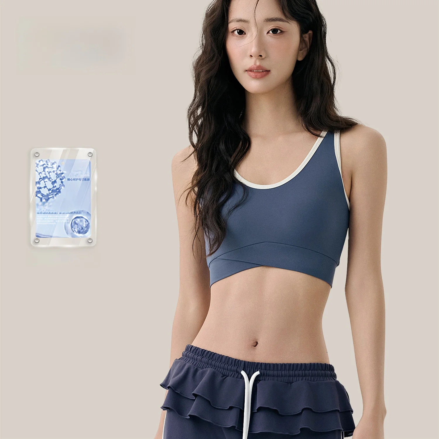 

Женский топ для йоги из лайкры Bare Sensation с фиксированной чашкой, бюстгальтер со сборками, цветные блоки, гиалуроновая кислота, увлажняющая кожа, одежда для йоги, жилет