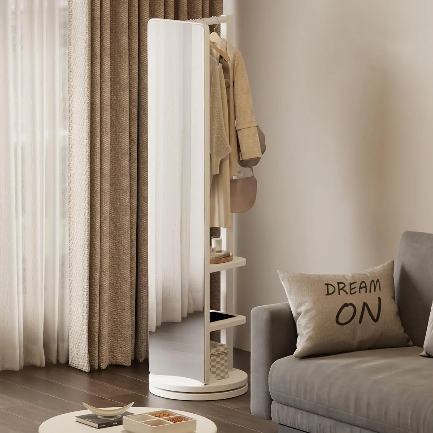 Solid wood white full-length mirror coat rack with 2 shelves, 66 x 12, mid-century modern design home furniture