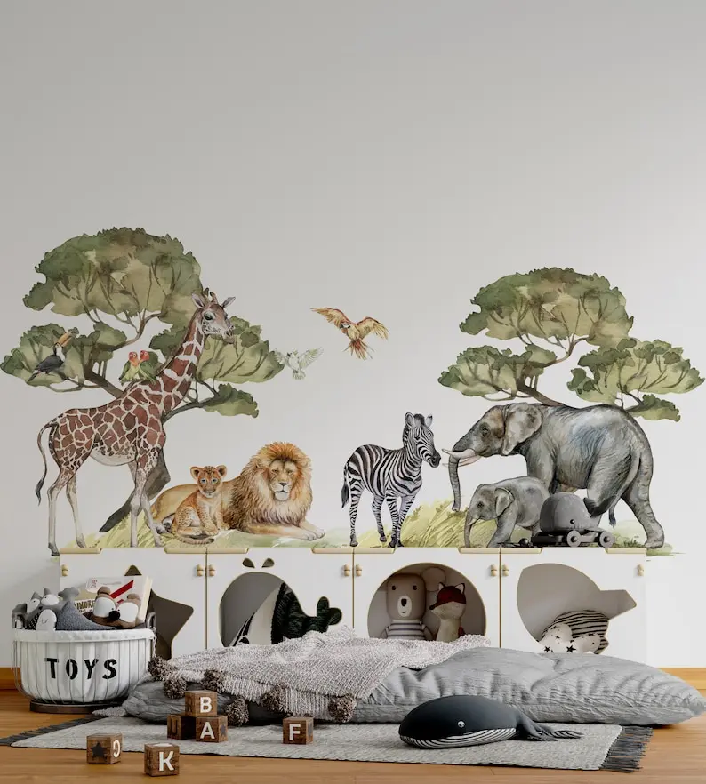 Safari Wall Decal Big Set, savanna Wall decal for kids, safari nursery decor, giraffe wall decal, zebra stickers, tiger sticker