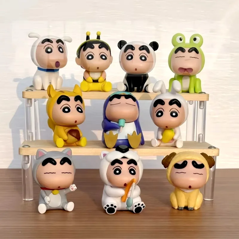 6/10/12pcs Set Crayon Shin-Chan Anime Figure Fishing Puppy Kawaii Q Version Mini Decor Figurines Collectibles Toys Holiday Gifts