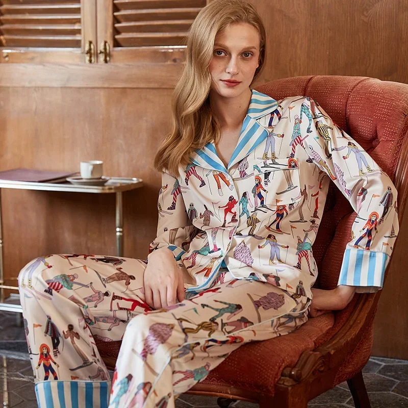 TXii Newlook Fashion comfortable Ice Silk Pajamas Women\'s High-end Sense ins Style Lapel Spring and Summer Long Sleeve Home Suit