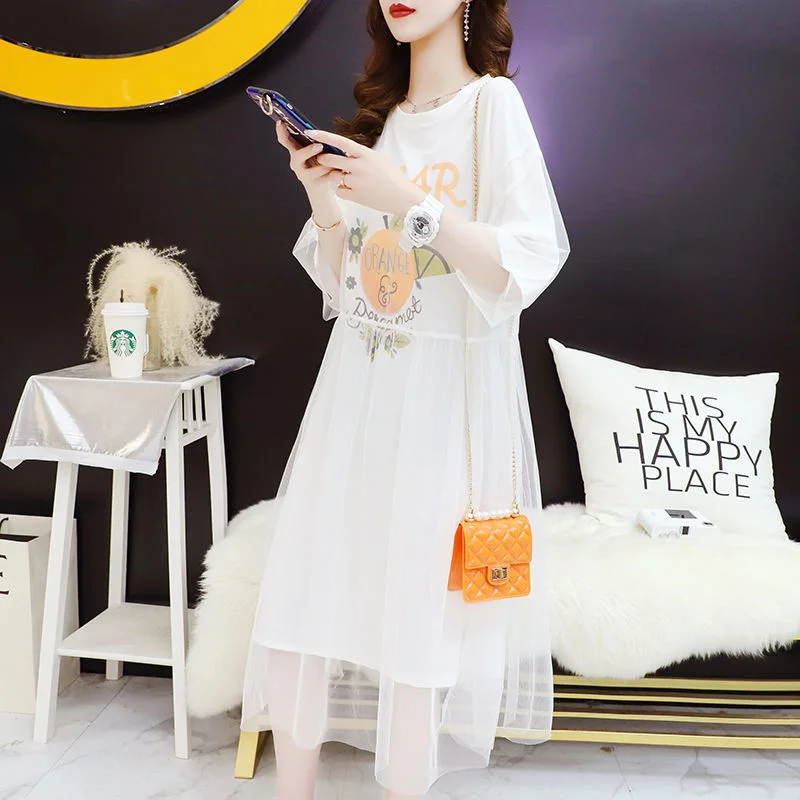 Mesh Splicing Fake Tweedelige T-shirt Rok Zomer Nieuwe Dames Halflange Losse Jurk Ins