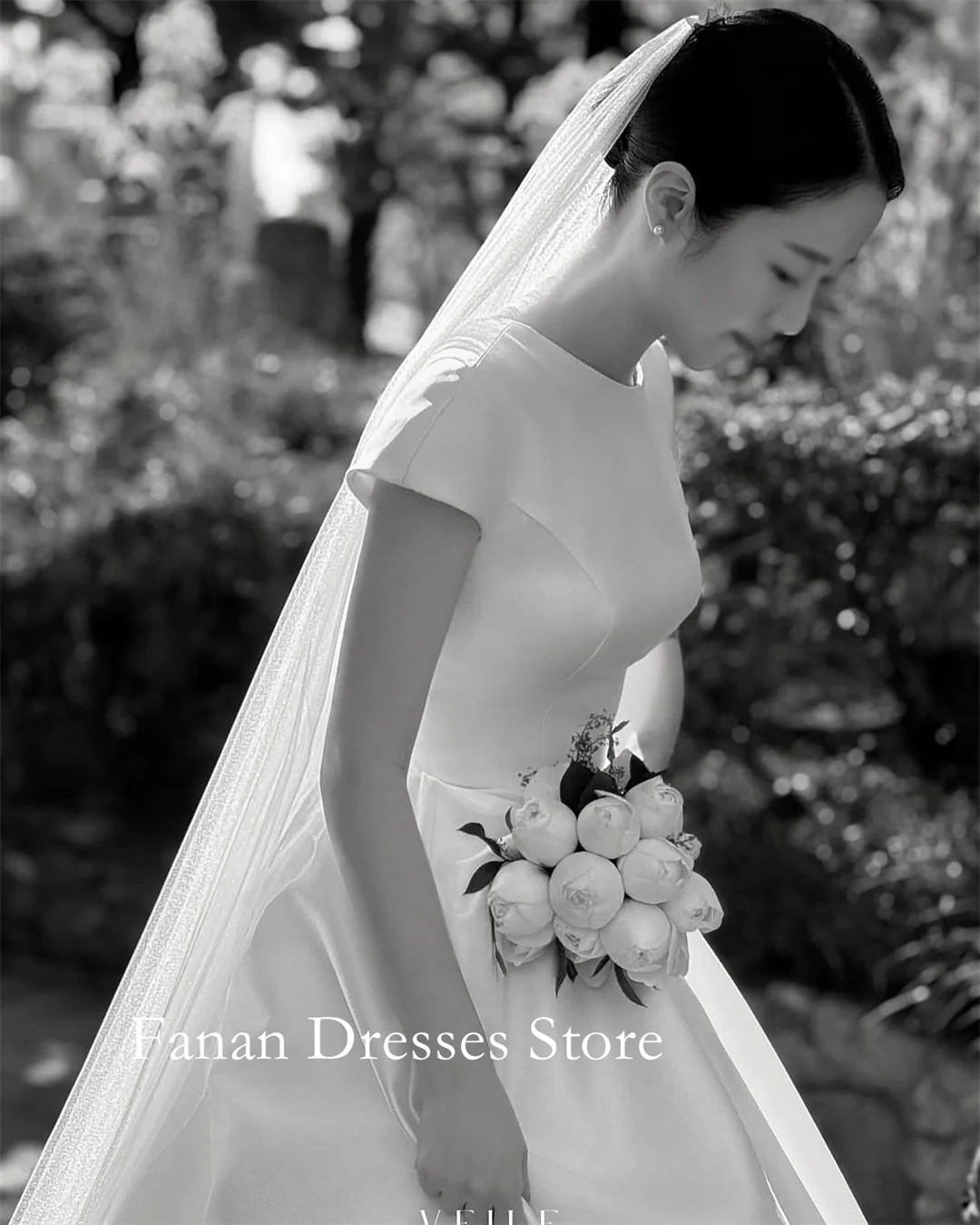 FANAN Korea Eleganckie suknie ślubne w kształcie litery A z dekoltem w serek 웨딩드레스 Marszczony krótki rękaw Kość słoniowa Szyte na miarę Śliczne suknie dla panny młodej P