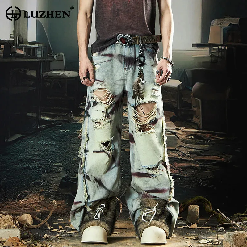 

LUZHEN Original Personalized Broken Hole Design Vintage Tie-dyed Straight Street Jeans Men's 2025 New Fashion Denim Pants JY1874
