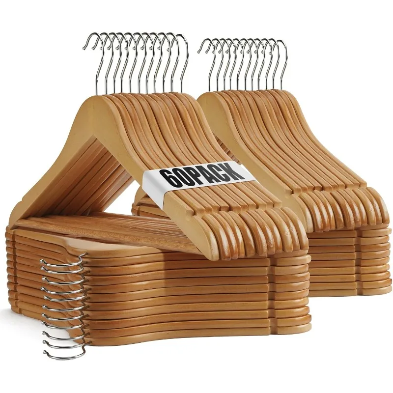 Wood Hangers 60 Pack Wooden Hangers Set,Heavy Duty Clothes Hangers,Precisely Cut Notches Coat Hangers,with Swivel Metal