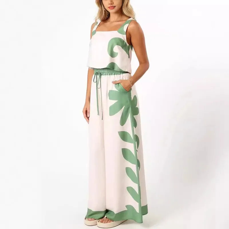 

Custom Summer Women Outfit Print Sleeveless Vest Stretchy Waist Wide Leg Pants With Pockets