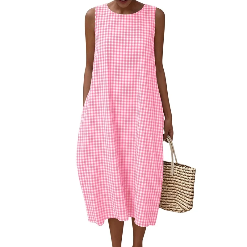 Women Casual Dress Striped Round Neck Sleeveless Loose Fit Fashionable High Quality New Arrival Trendy Comfortable Premium