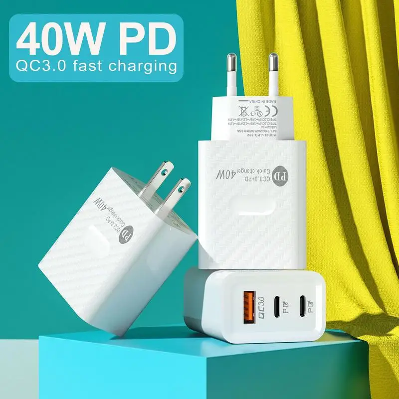 USB Charger Block Travel Charger Block Phone Charger Type C Adapter 40W Travel Plug Adapter Fast Charging 3-Port Wall Charger