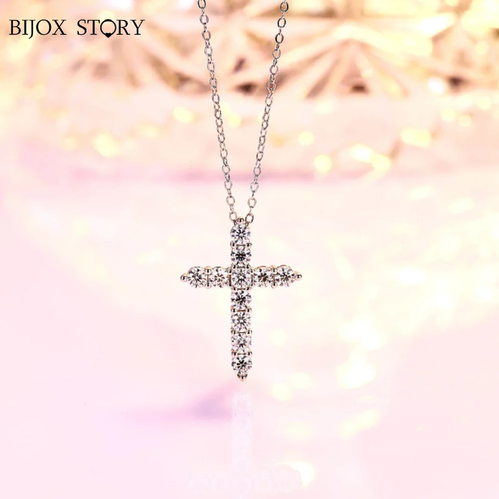 BIJOX STORY 2.5mm Moissanite Cross Pendant Necklace Original Sterling Sliver Chain Plated 18k White Gold Fine Necklace for Women