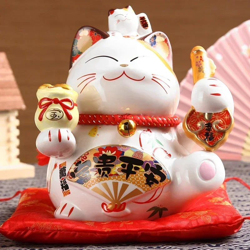 

8 inch Ceramic Maneki Neko Lucky Cat Money Box Coin Bank Home Decoration Ornament with Cushion Business Gift