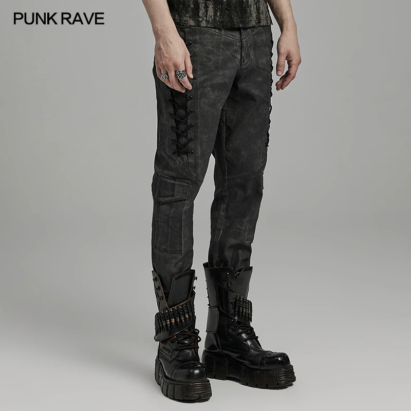 PUNK RAVE Men's Punk Distressed Irregular Texture Pants Decorative Drawstring Design Trousers Autumn Men Clothing Streetwear