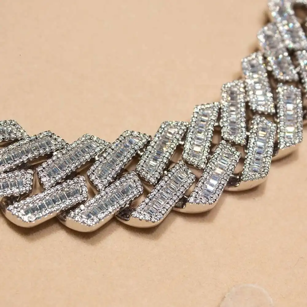 New Arrival 925 Sterling Silver Cuban Link Chain Vvs Baguette Moissanite Diamond Cuban Bracelet