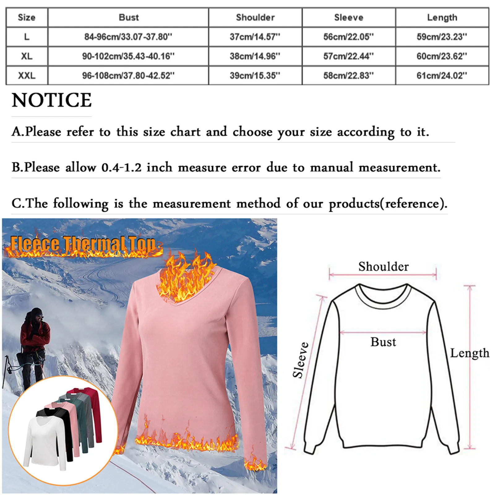 Women\'s Casual Fashion V Neck Fleece Lined Thermal Underwear Slim Tops Long Sleeve Solid Color Bottom Shirts Winter Tops