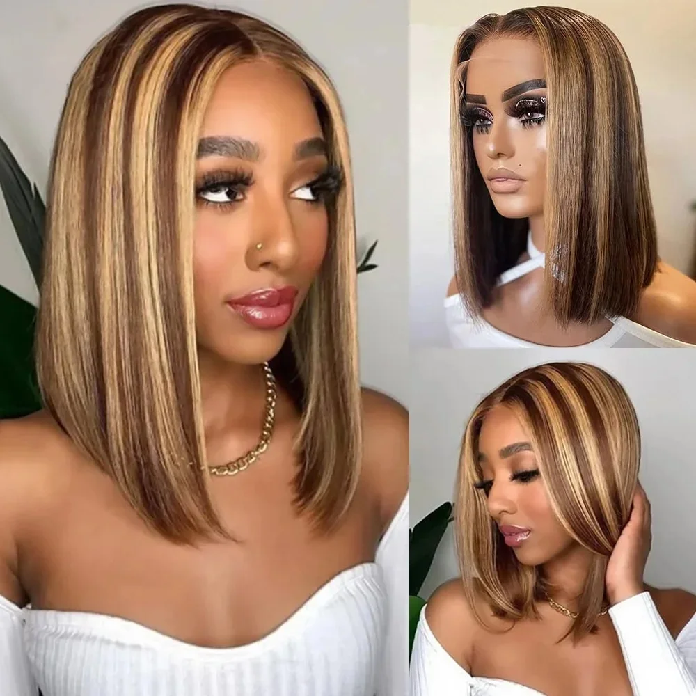 Highlight Wig Human Hair Bob Wig Bone Straight Brown Colored Lace Front Human Hair Short Bob Human Hair Wigs On Sale Clearance