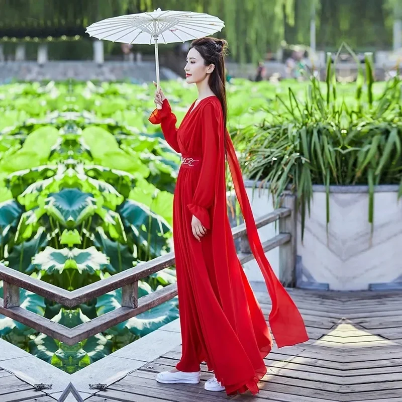 2026 Summer New Chinese Style Slim Fit And Temperament Long Dress Red Flowing Dress Heavy Industry Embroidery Chiffon Dress Lady