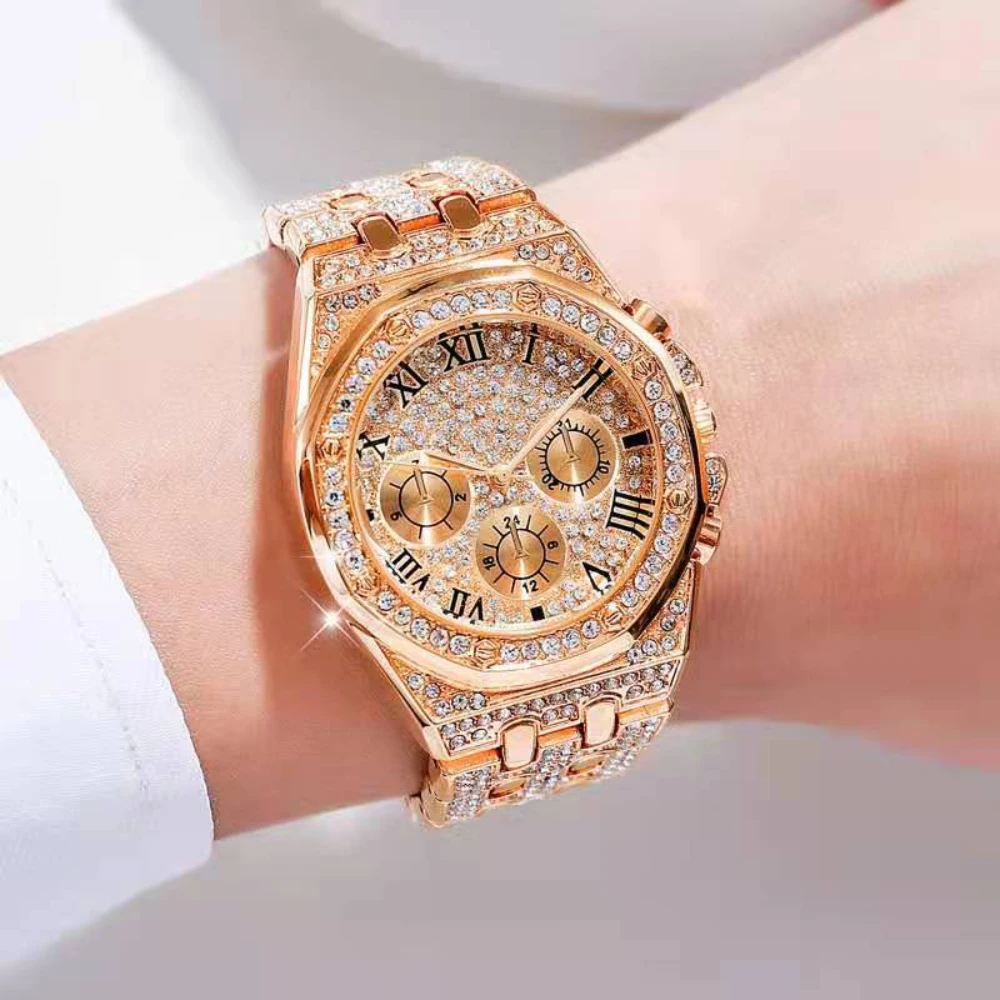 Mens Watches Luxury Hiphop Full Diamond Gold Stainless Steel Rhinestone Watch for Men Wristwatch Relogio Masculino  reloj hombre