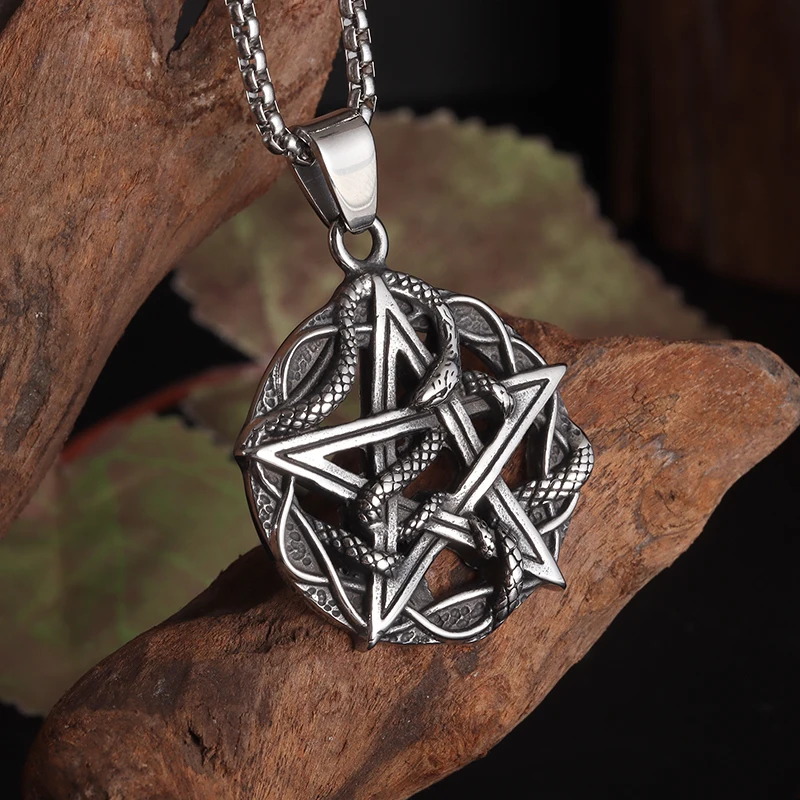 Retro Gothic Snake Coiled Pentagram Pendant Necklace for Mens Cycling Jewelry Punk Rock Exorcism Amulet