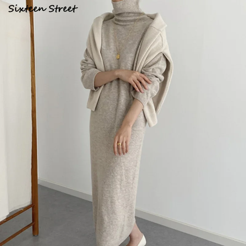 Apricot Turtleneck Sweater Dress Women 2023 Winter Oversized Vintage Elegant Woolen Dresses Women Clothing Autumn Chic Knitwear