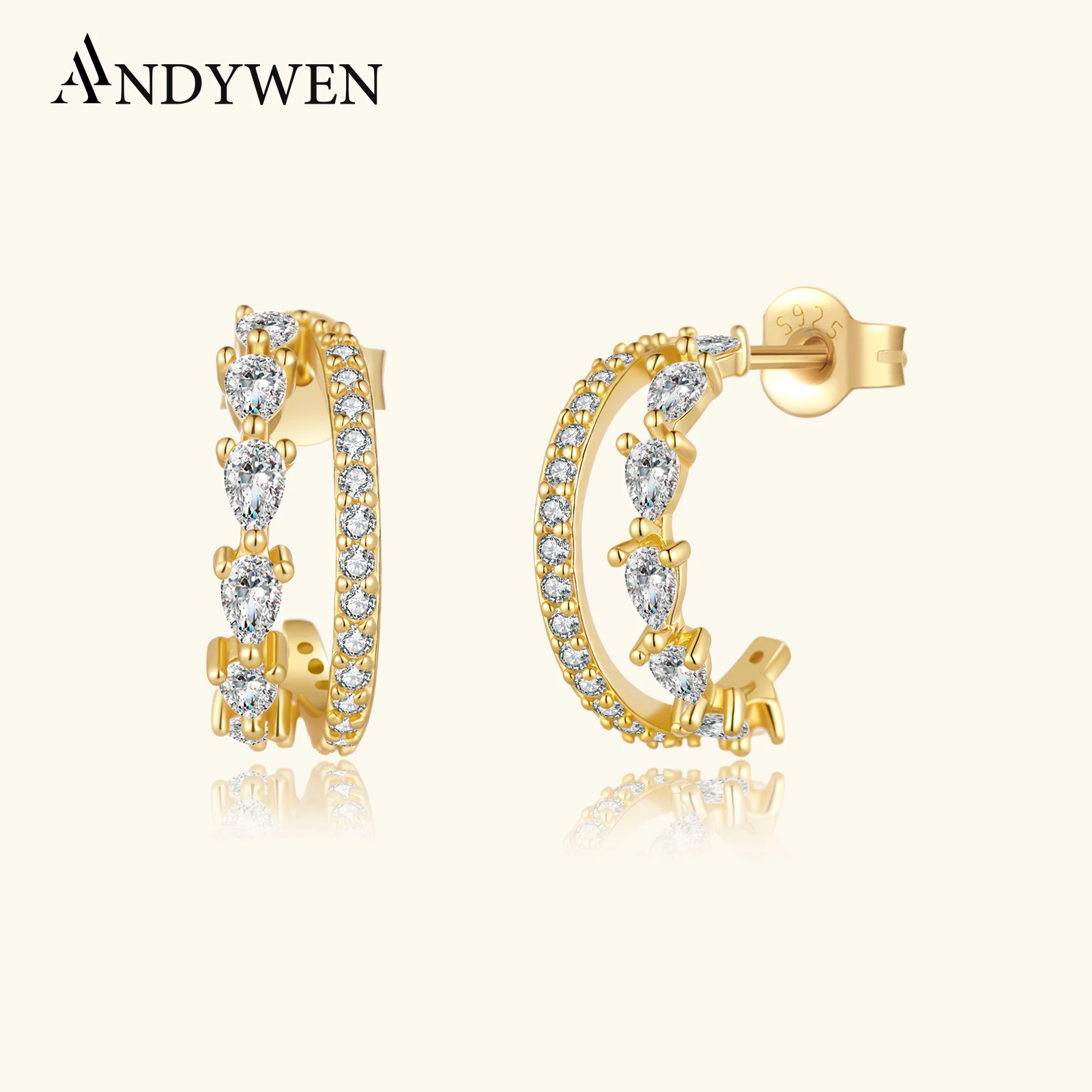 

ANDYWEN 925 Sterling Silver Two Line Shining Teardrop Zircon CZ Pear Shape Drop Earrings 2025 Luxury Dainty Women Jewelry Gift