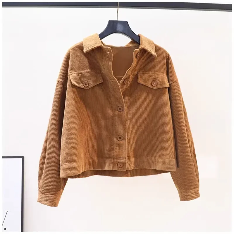 Giacca in velluto a coste imbottito rosa rossa da donna 2025 Primavera Autunno Nuova camicia da donna Manica lunga Cappotto allentato Casual Joker Top femminili Marea