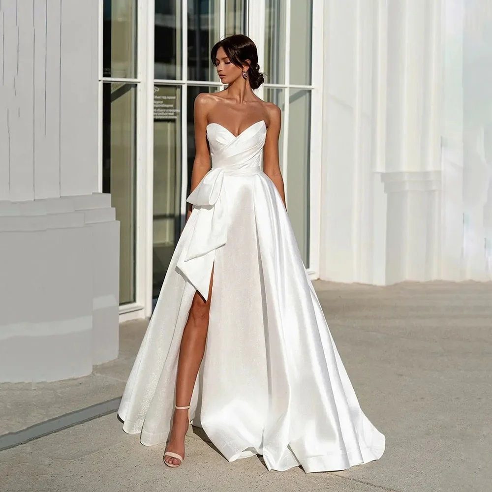 Sexy Wedding Dresses Floor Length Satin White Bride Dress 2024 Split Side Sweetheart Cheap Wedding Gowns China Custom Made