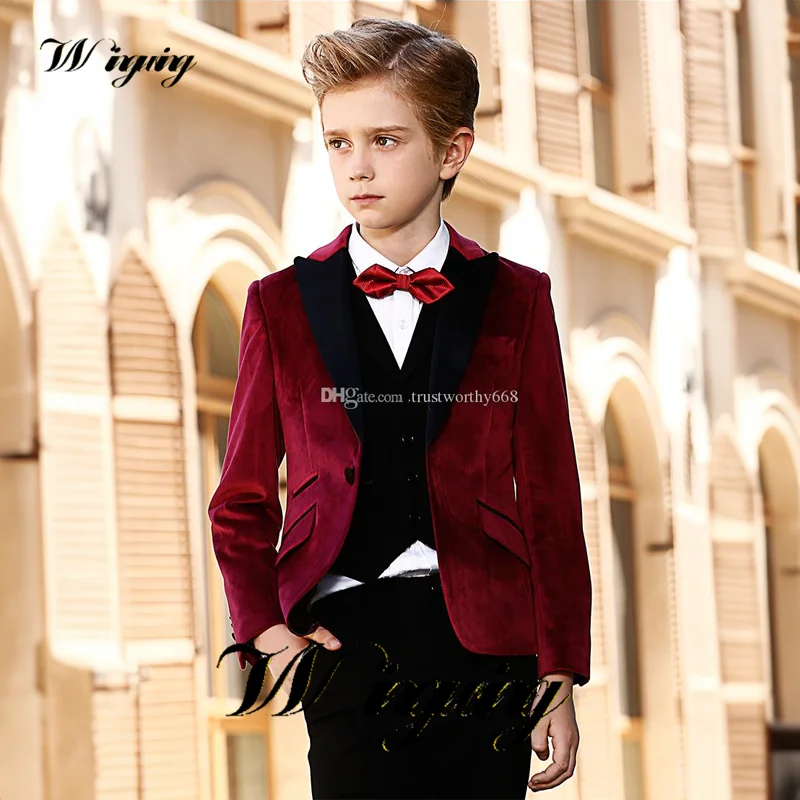 Velvet Boys Suit Three Piece Jacket Vest Pants Bow Tie Wedding Kids Tuxedo High Quality Blazer for Boys