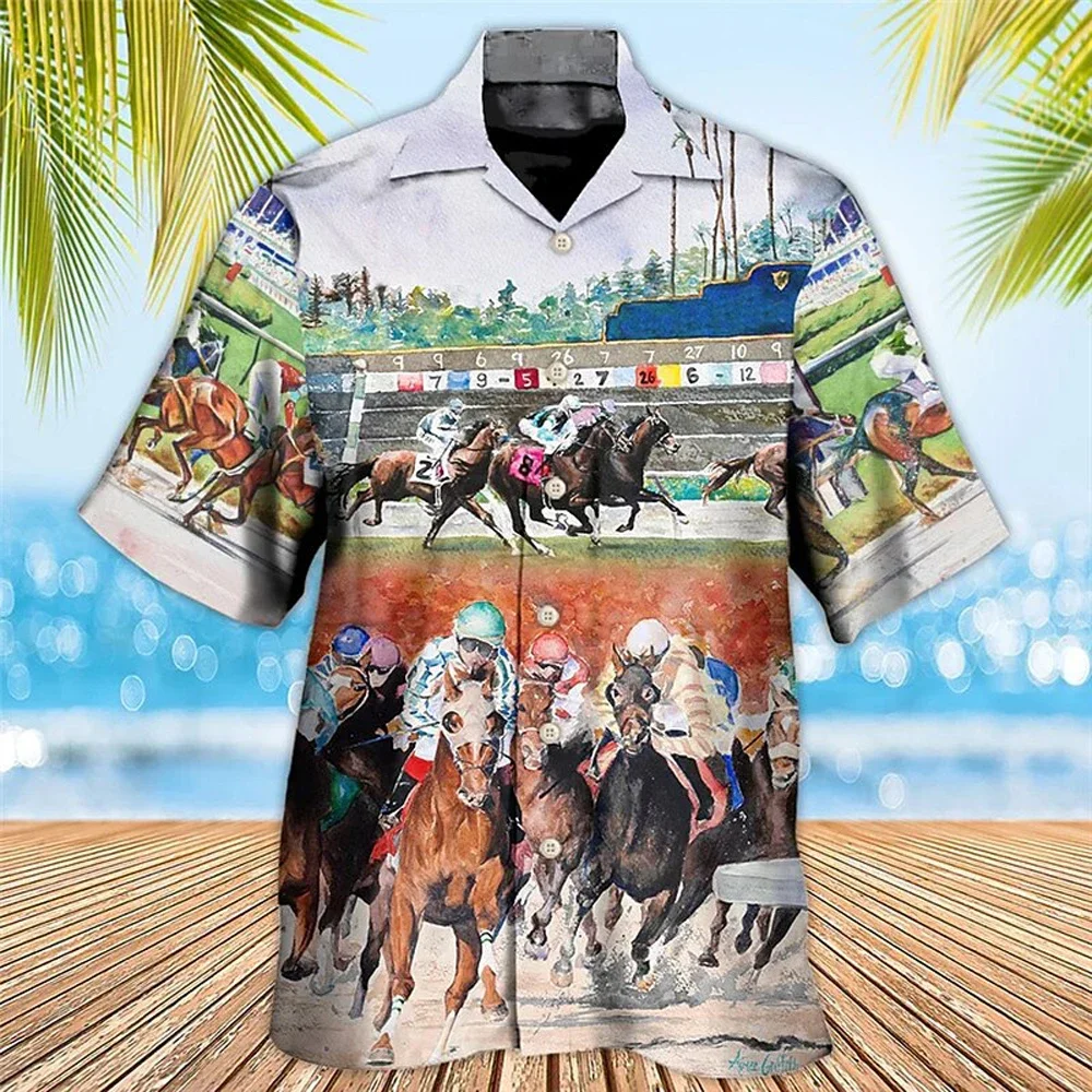 

New Men's Horse Race Print Short Sleeve Shirt Men's Breathable Sweat Absorption Cardigan Men's Fashion Top Men's Casual Clothing