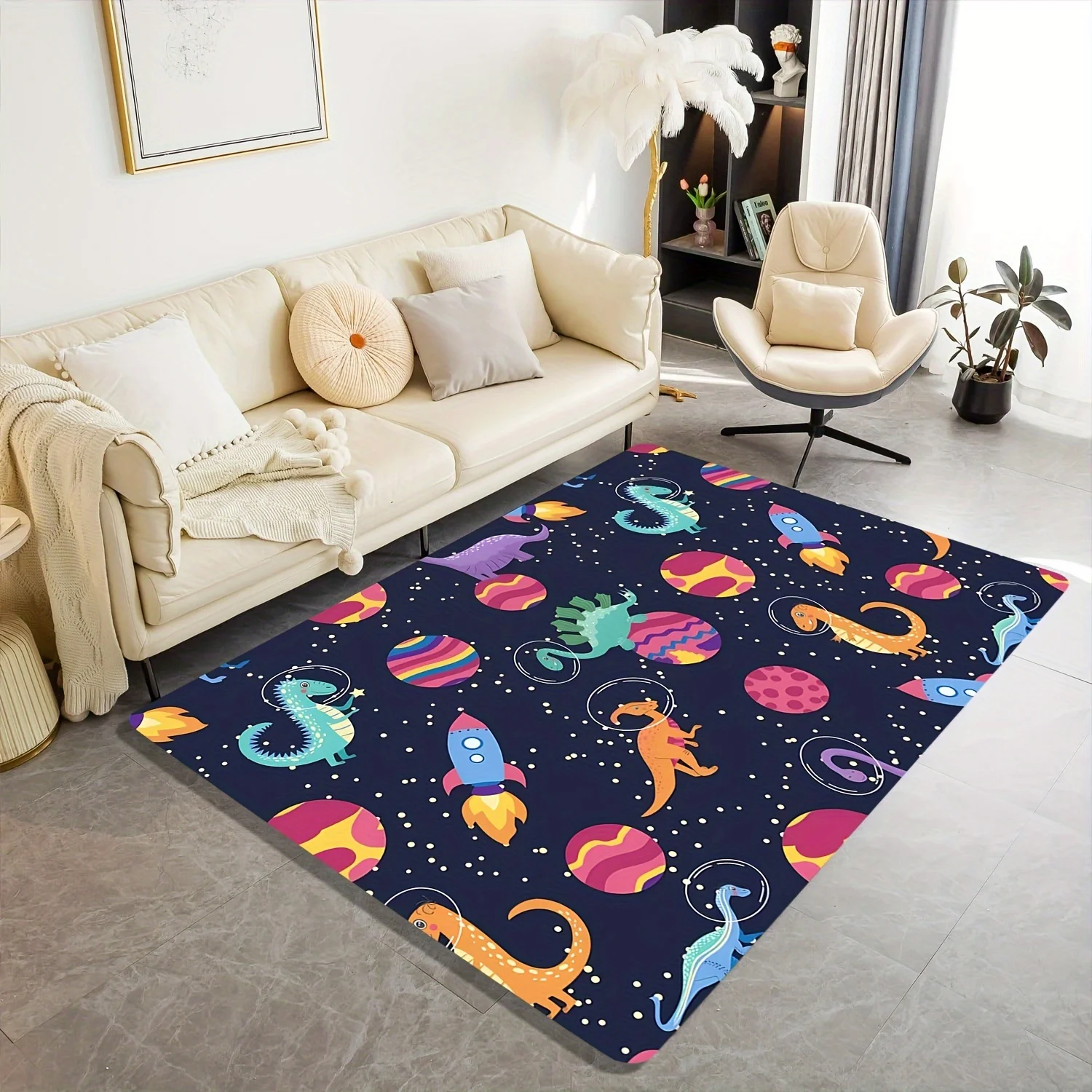 Space planet dinosaur pattern Flannel-printed floor mats are slip-resistant Suitable living room bedroom terrace garden carpets