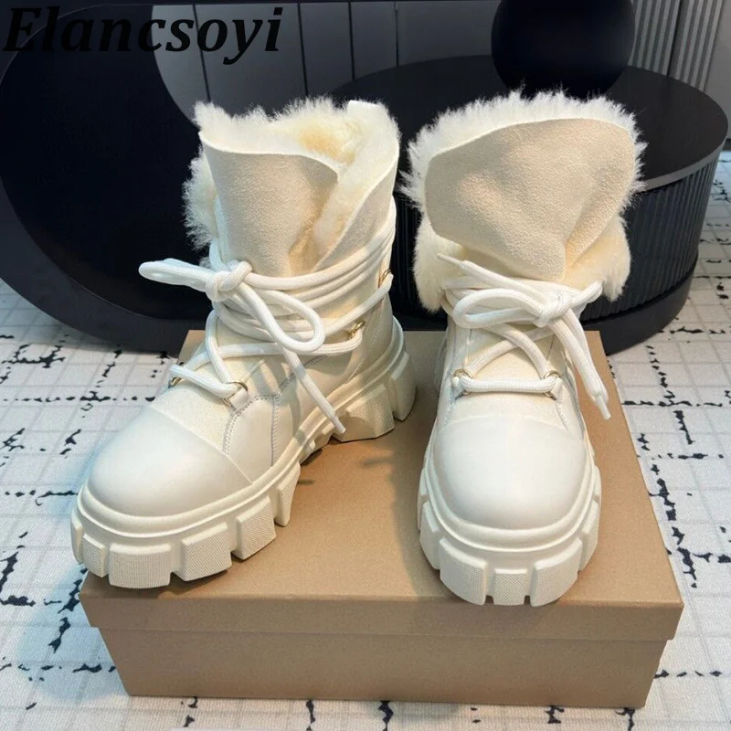 Winter Round Toe Spliced Thick Soled Height Increasing Short Booties Women's Wool Lined Lace Up Cotton Boots Warm Snow Boots