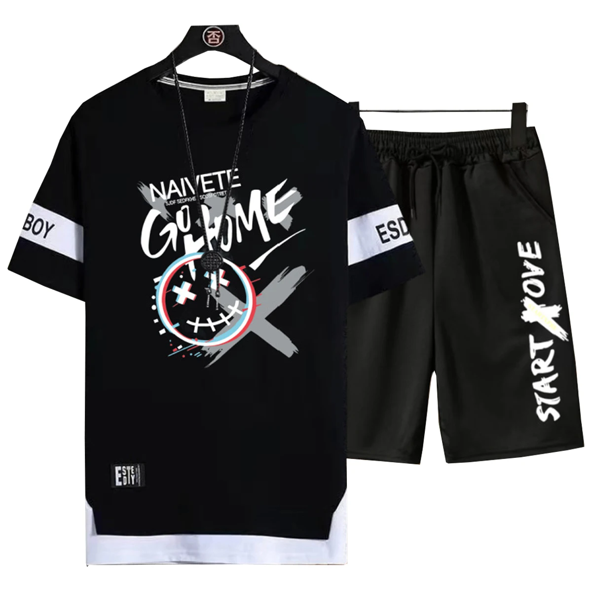 Men's Short Sleeved Shirt Casual Shorts Letter Printed Pattern Round Neck Top Youth Student hip-hop Clothing Spring Summer