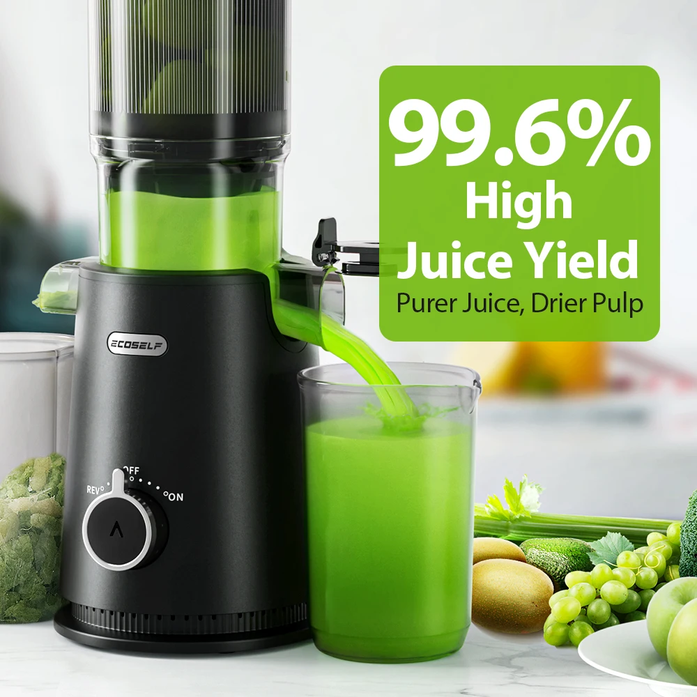 低速咀嚼ジューサー、果物や野菜を丸ごと投入できる4.3インチの超ワイド投入口、コールドプレス技術、高ジュース収量
